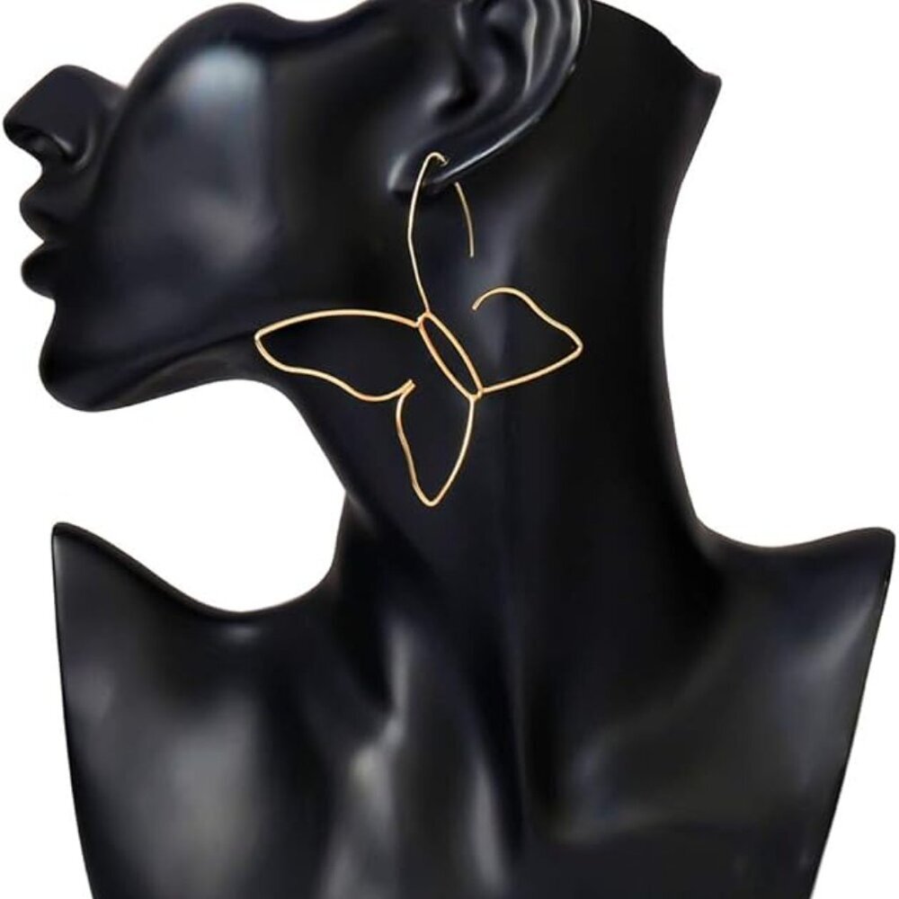 Gold Tone Butterfly Wire Hoop Earrings Lightweight Alloy French Hook